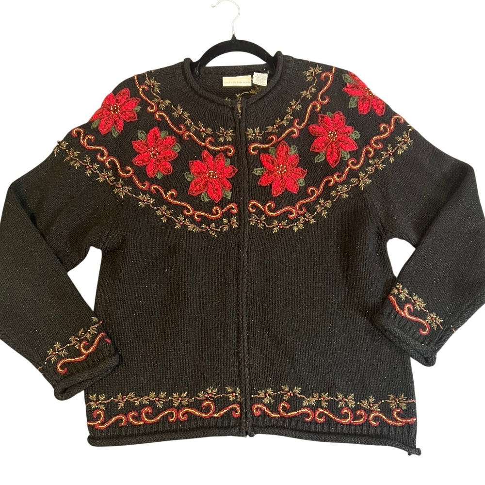 Poinsettia Cardigan Sweater Embroidered Beaded Christmas Holiday Grannycore SM